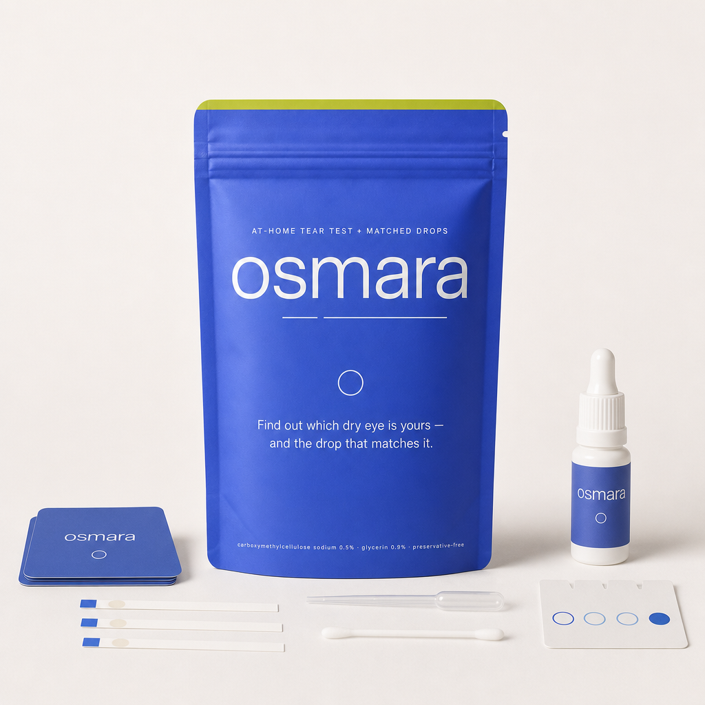 Periwinkle osmara pouch with lime top seal, centered on a warm-white background